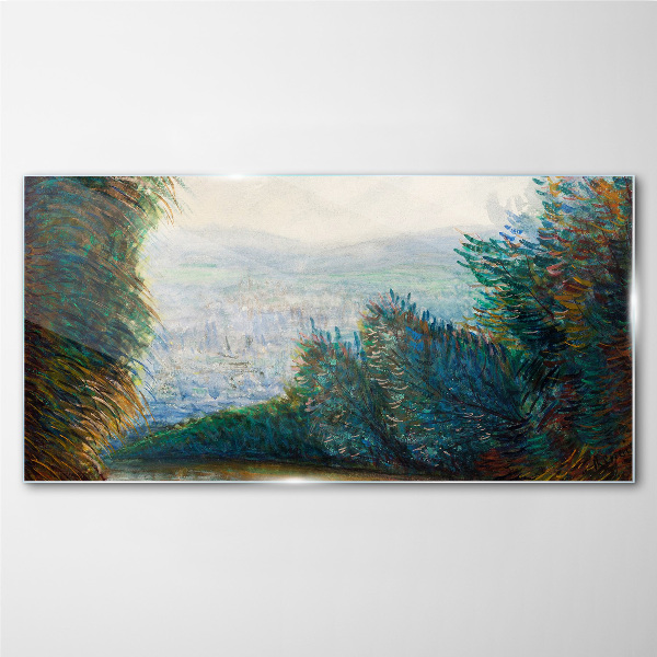 Green landscape with fog Wall art on glass
