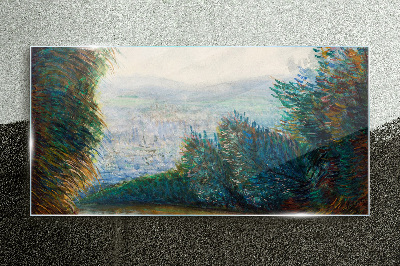 Green landscape with fog Wall art on glass