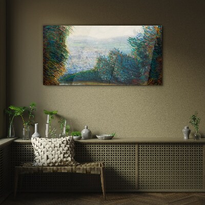 Green landscape with fog Wall art on glass