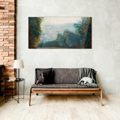 Green landscape with fog Wall art on glass