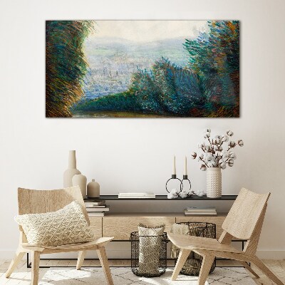 Green landscape with fog Wall art on glass