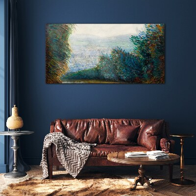 Green landscape with fog Wall art on glass