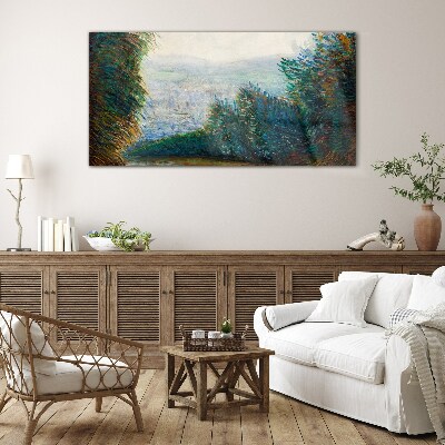Green landscape with fog Wall art on glass