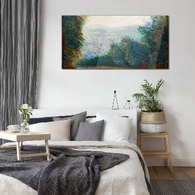 Green landscape with fog Wall art on glass