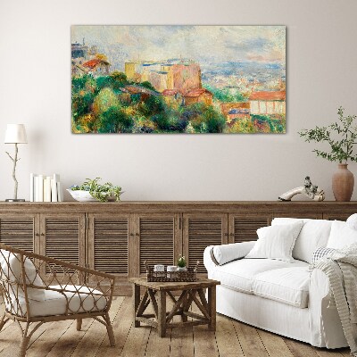 Cityscape in pastel tones Wall art on glass