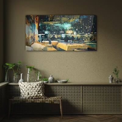 Night atmosphere in the cafe Wall art on glass