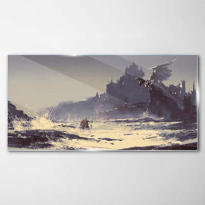 A mystical land among the waves Glass art print