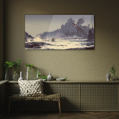 A mystical land among the waves Glass art print