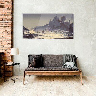 A mystical land among the waves Glass art print