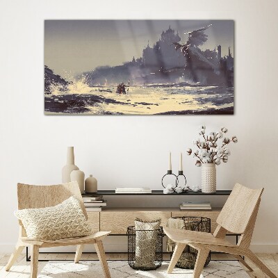 A mystical land among the waves Glass art print