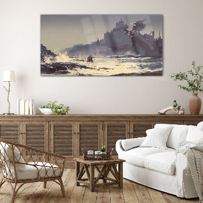 A mystical land among the waves Glass art print