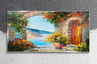 Seaside landscape with flowers Glass art print