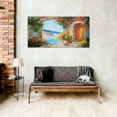 Seaside landscape with flowers Glass art print