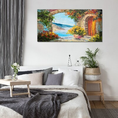 Seaside landscape with flowers Glass art print