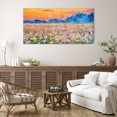 Flower landscape at sunset Wall art on glass