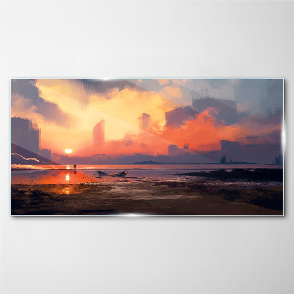 Sunset over the city horizon Glass art print