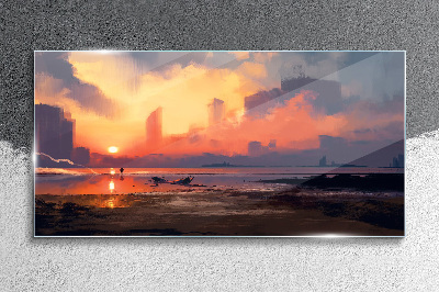 Sunset over the city horizon Glass art print