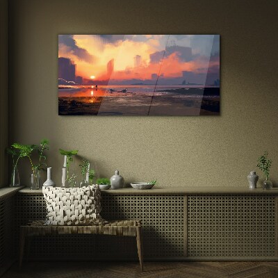 Sunset over the city horizon Glass art print