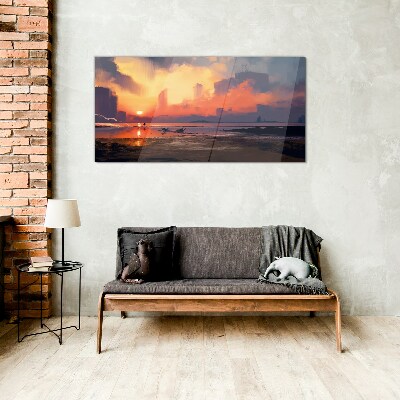Sunset over the city horizon Glass art print