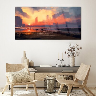 Sunset over the city horizon Glass art print