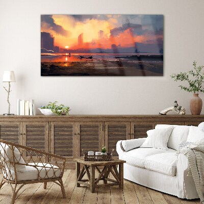 Sunset over the city horizon Glass art print