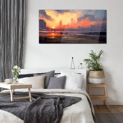 Sunset over the city horizon Glass art print