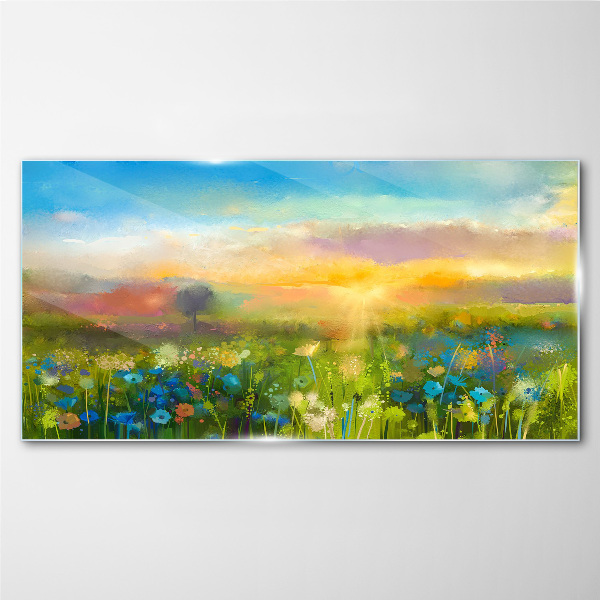 Flower landscape in the morning Glass art print