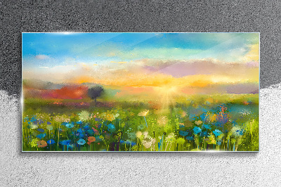 Flower landscape in the morning Glass art print