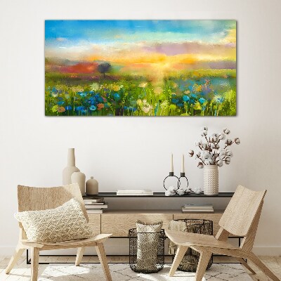 Flower landscape in the morning Glass art print