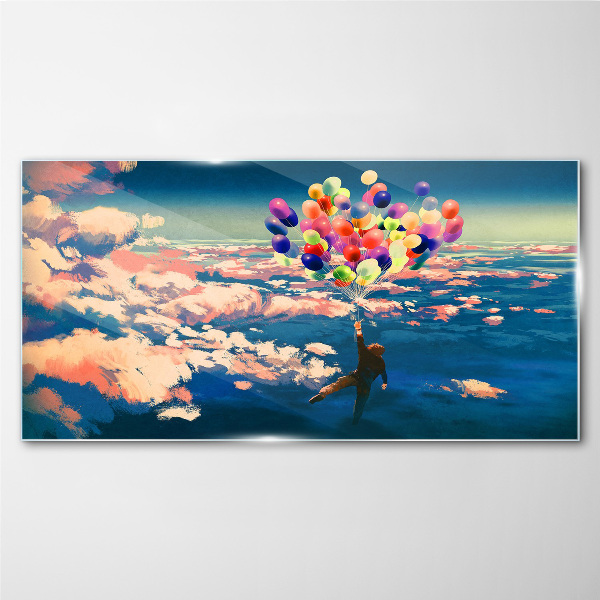 Flight in the clouds with balloons Wall art on glass