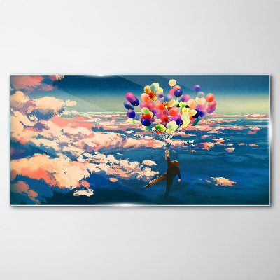 Flight in the clouds with balloons Wall art on glass