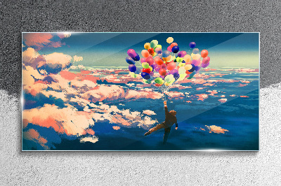 Flight in the clouds with balloons Wall art on glass