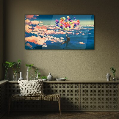 Flight in the clouds with balloons Wall art on glass