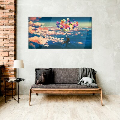 Flight in the clouds with balloons Wall art on glass