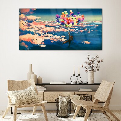 Flight in the clouds with balloons Wall art on glass