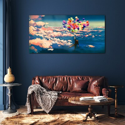 Flight in the clouds with balloons Wall art on glass