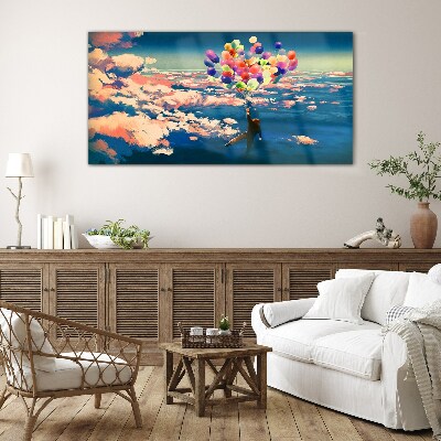 Flight in the clouds with balloons Wall art on glass