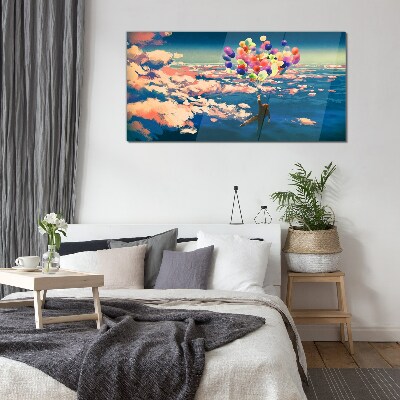 Flight in the clouds with balloons Wall art on glass