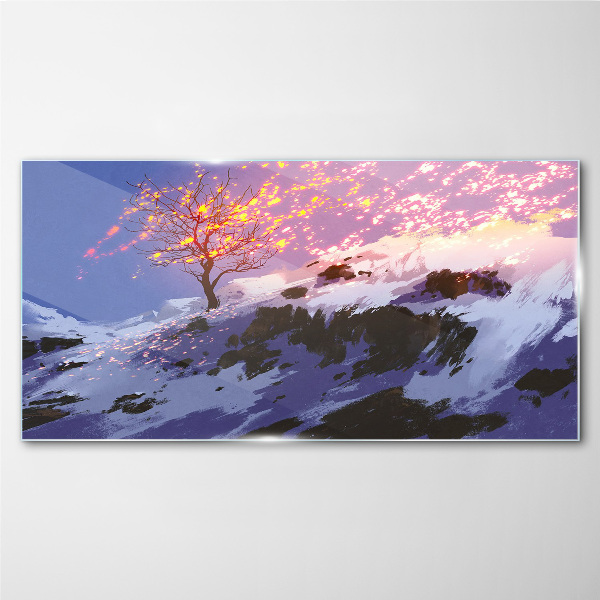 Winter landscape with a burning tree Glass art print