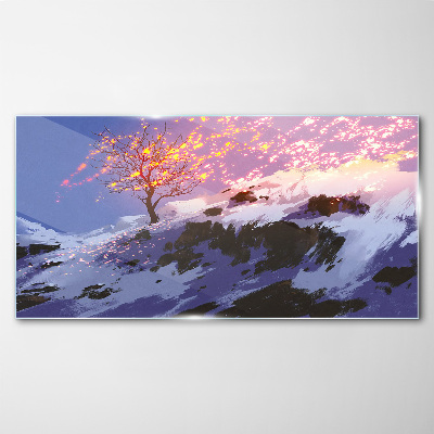 Winter landscape with a burning tree Glass art print