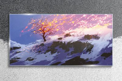 Winter landscape with a burning tree Glass art print