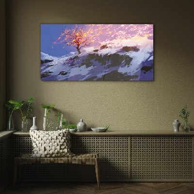 Winter landscape with a burning tree Glass art print