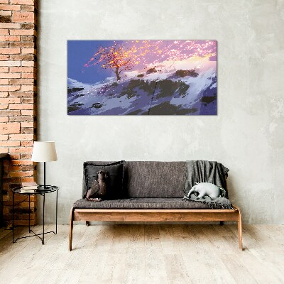 Winter landscape with a burning tree Glass art print