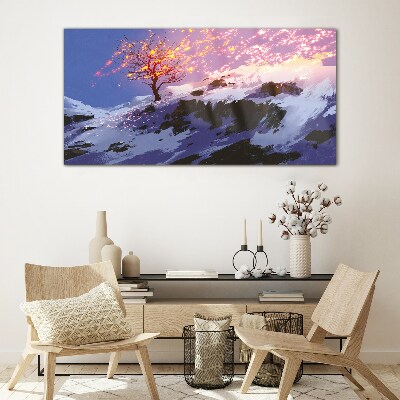 Winter landscape with a burning tree Glass art print