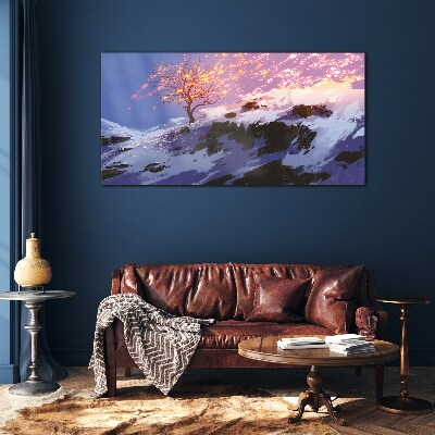 Winter landscape with a burning tree Glass art print