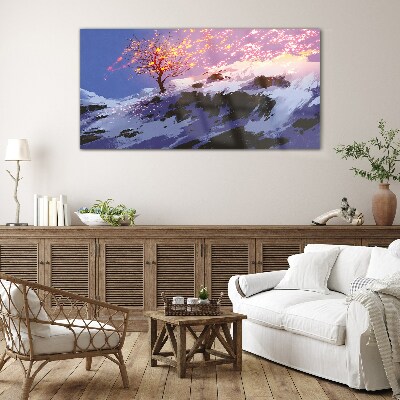 Winter landscape with a burning tree Glass art print