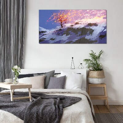 Winter landscape with a burning tree Glass art print