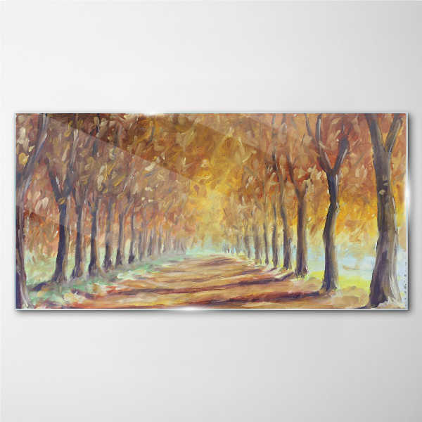 Autumn tree alley Wall art on glass