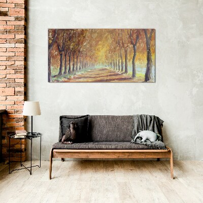 Autumn tree alley Wall art on glass