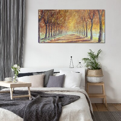 Autumn tree alley Wall art on glass